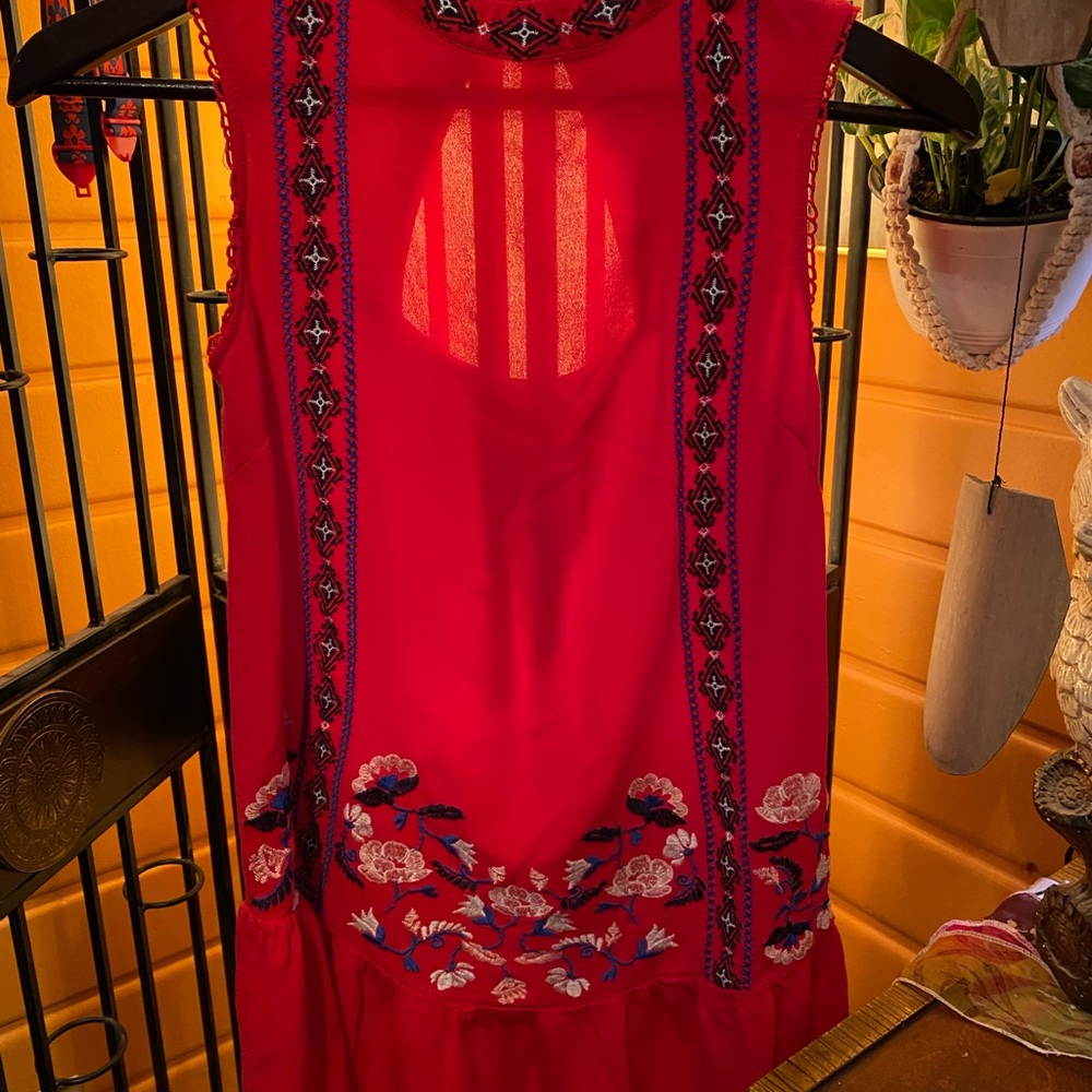 Adorable Red Sleeveless Boho Hippie Embroidered Dress - S